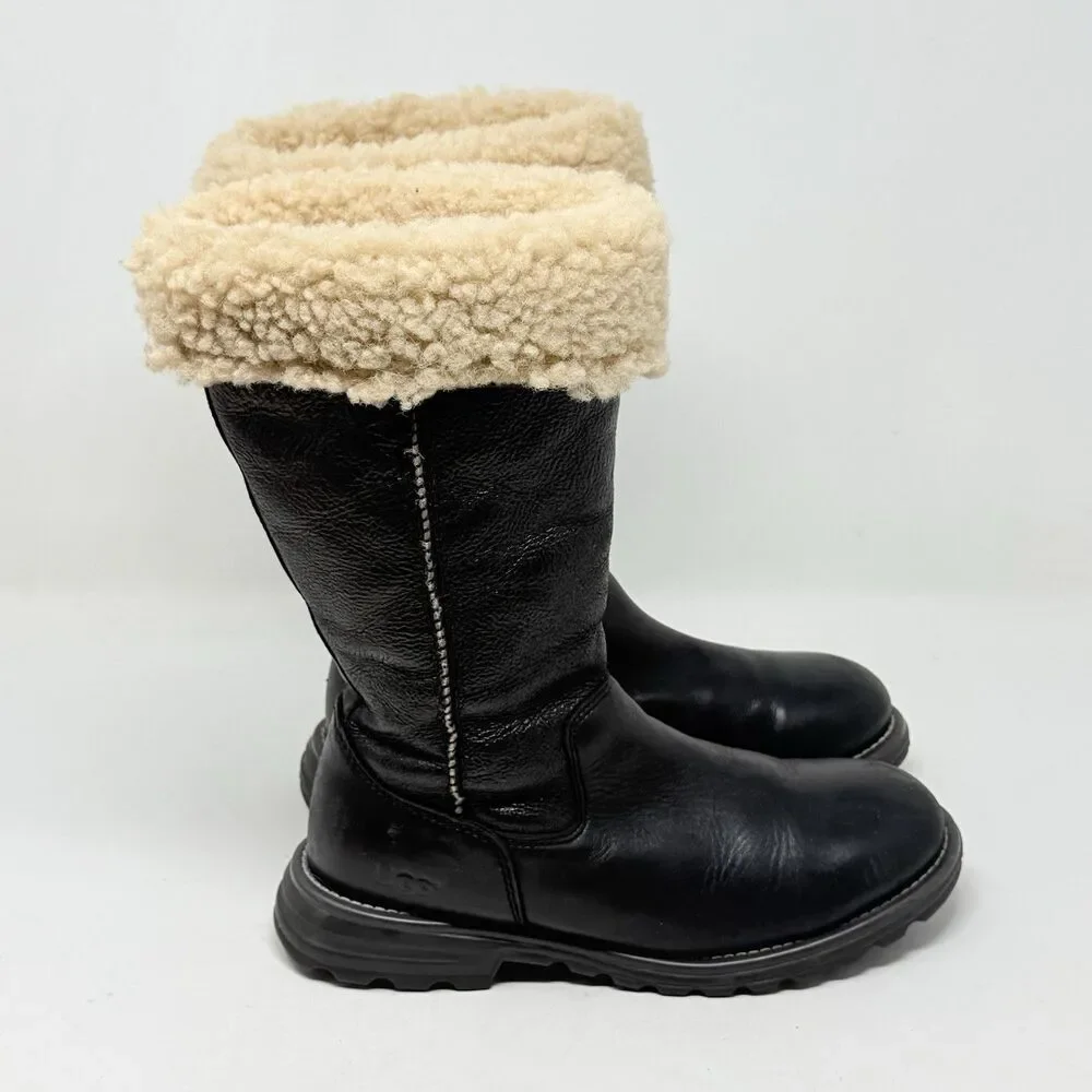 UGG Brooks Tall Shearling Lined Boots Womens 8 Black Leather Winter 5490